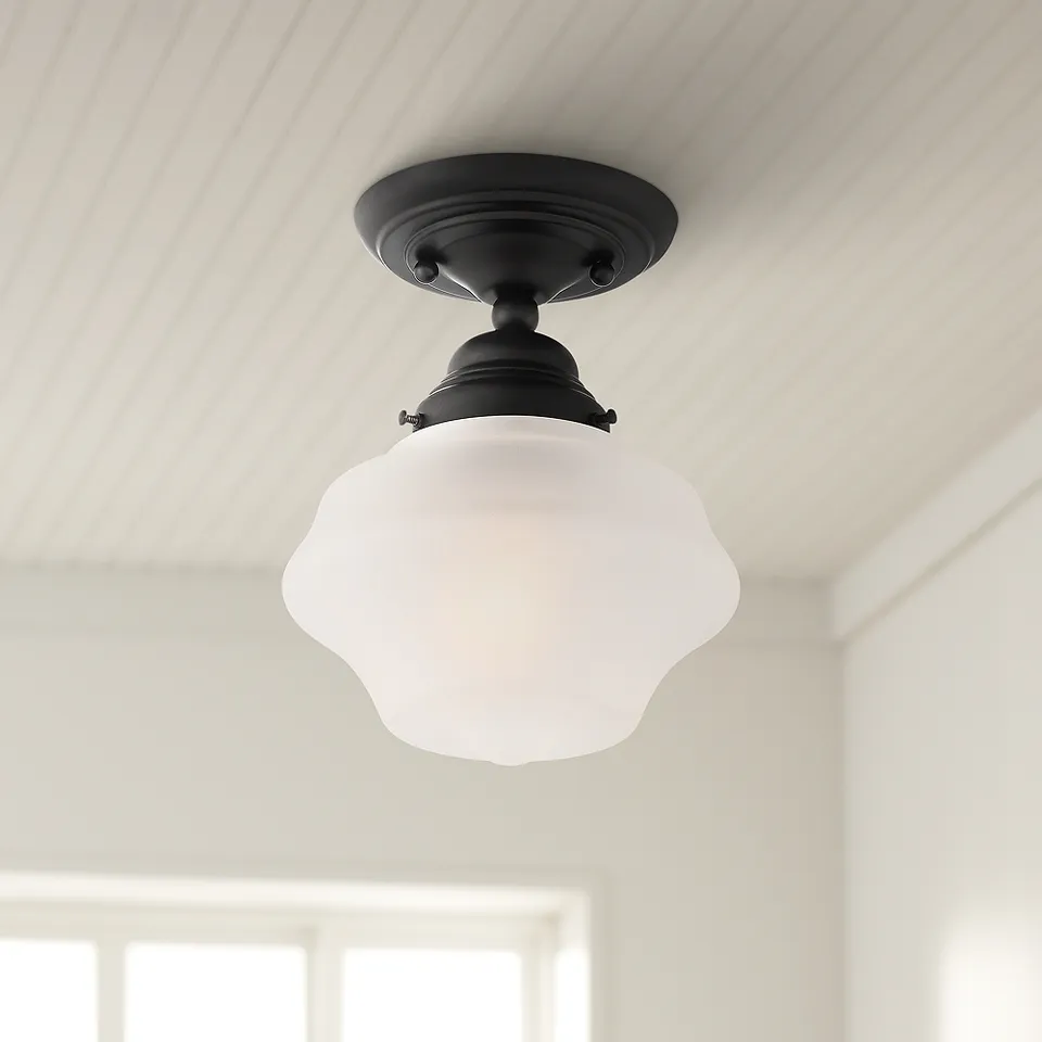 Regency Hill Schoolhouse 7" Wide Black and Frosted Glass Ceiling Light