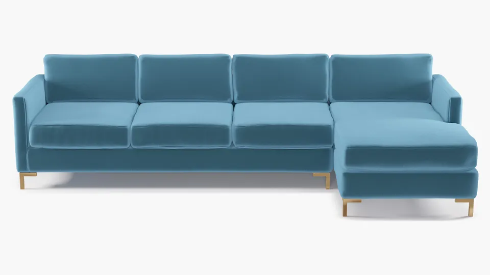 Modern Sectional, Right Facing, French Performance Plush Velvet, Brass L Leg