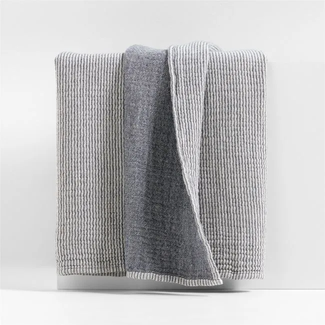 Reversible Stripe Gauze 80"x80" Deep Indigo Blue and Arctic Ivory Bed Blanket