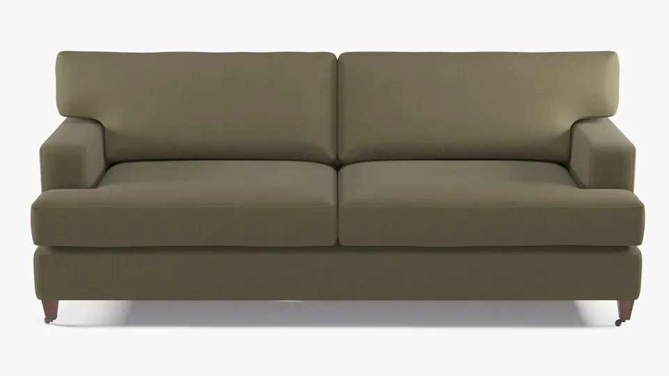 Classic Sofa, Olive Everyday Linen, Walnut with Antique Brass Caster