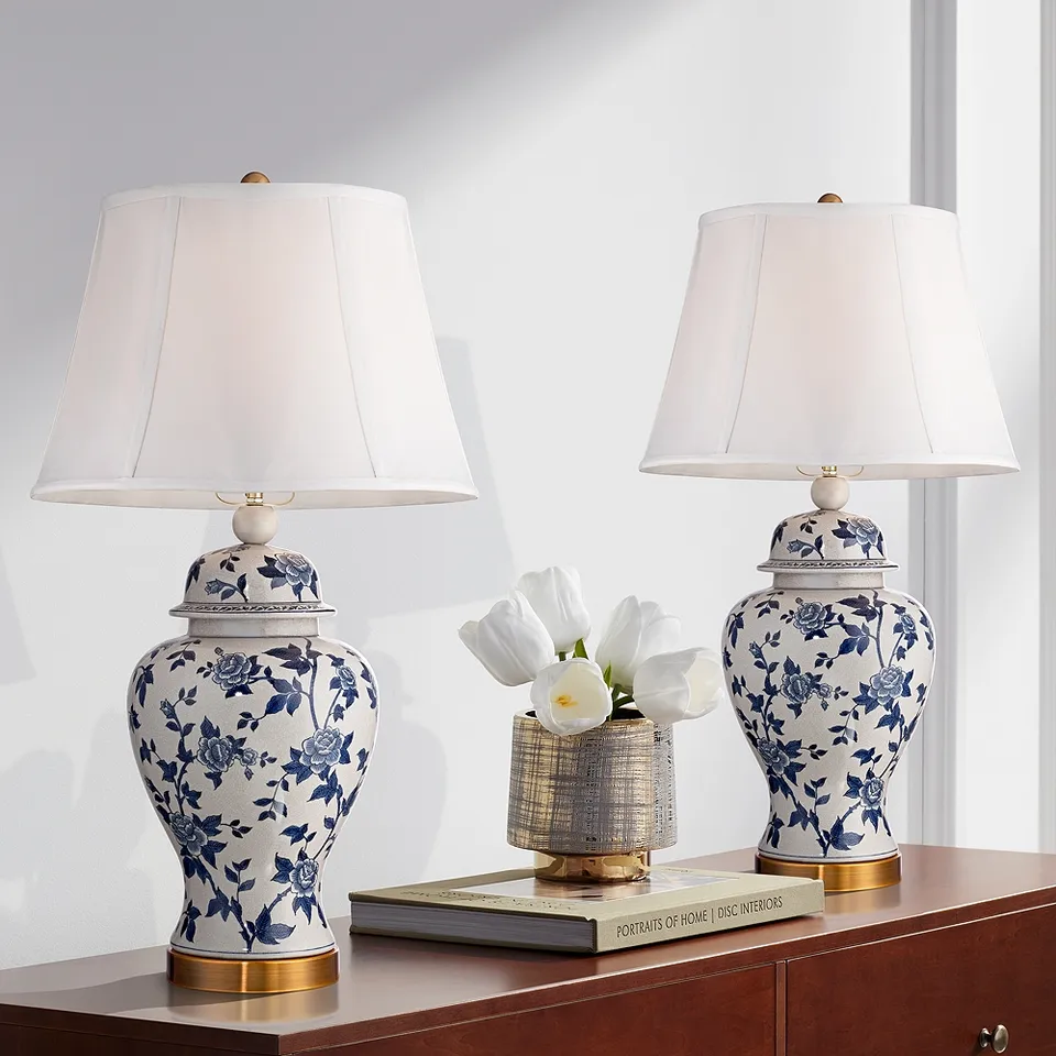 Regency Hill Rose Vine Blue White Ceramic Jar Table Lamps Set of 2