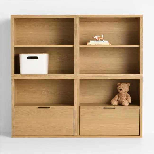 Oliver 64" Set of 2 Modular Natural Oak Wood Kids Open Bookcases with Drawers