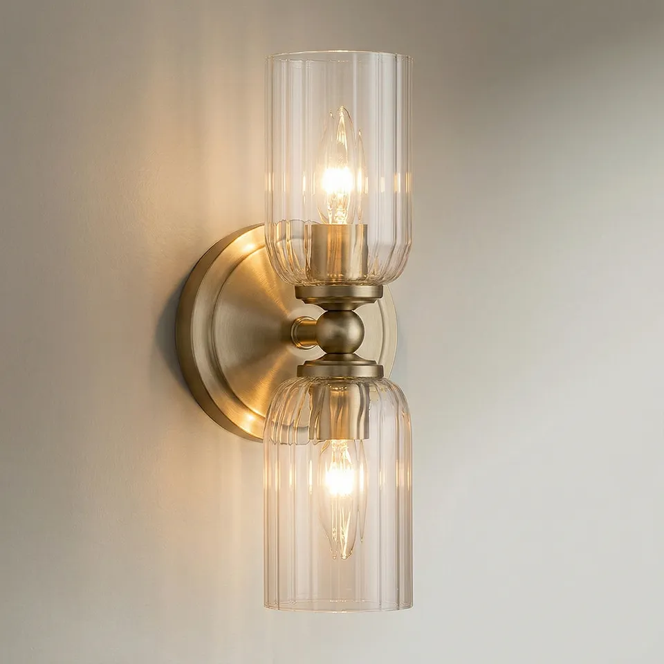 Possini Euro Oliver 13"H Satin Brass Fluted Glass 2-Light Wall Sconce