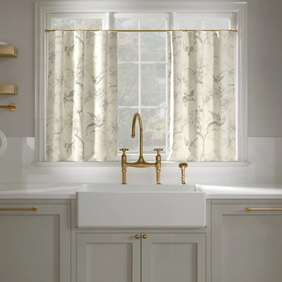Printed Linen Café Curtain, Cream Swallows, 25" x 36", Privacy