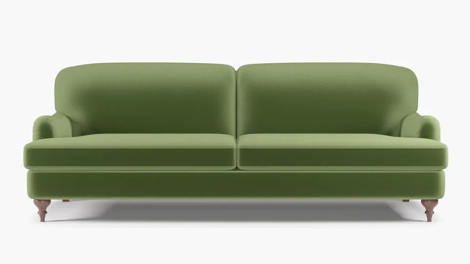 English Roll Arm Sofa, Essex Performance Velvet, Walnut Turned Wood Leg