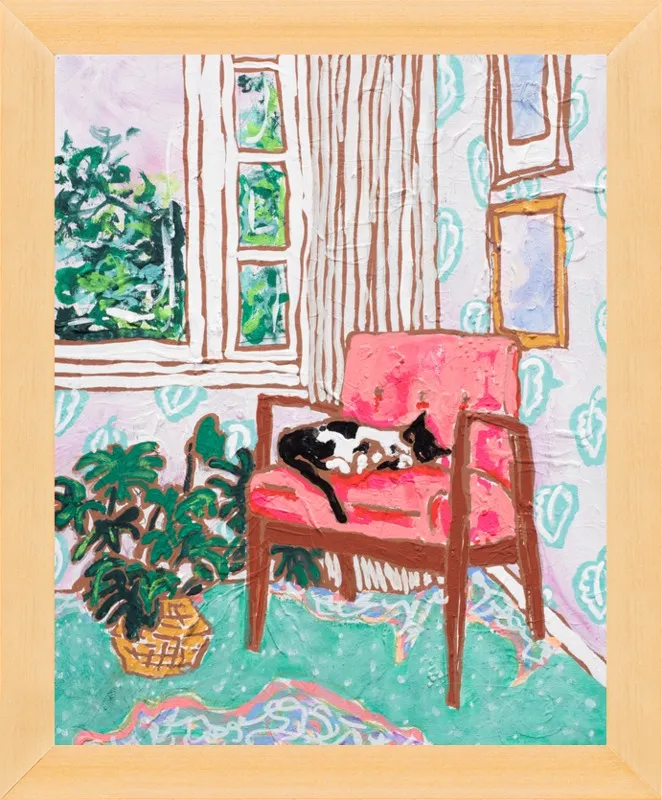 Cat Nap: Tuxedo Cat Napping in Mid-Century Chair by Lara Lee Meintjes for Artfully Walls