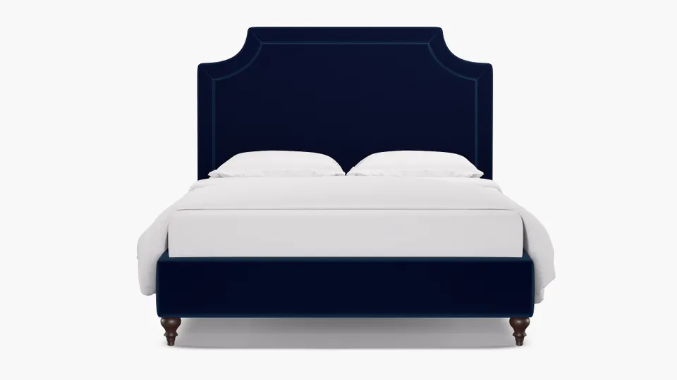 Deco Bed, Navy Performance Velvet, Espresso Traditional Turned Leg, Queen