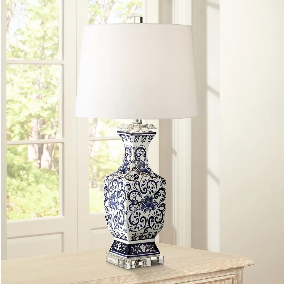 Regency Hill Iris Blue and White Porcelain Table Lamp with Dimmer