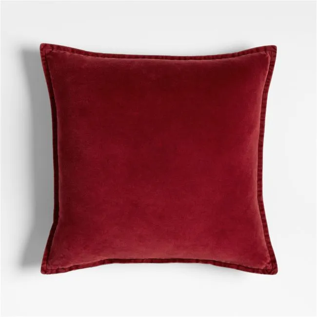 Relaxed Washed Organic Cotton Velvet 20"x20" Luminous Red Throw Pillow with Feather Insert