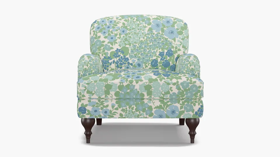 English Roll Arm Chair, Mist Million Flowers, Espresso Turned Wood Leg
