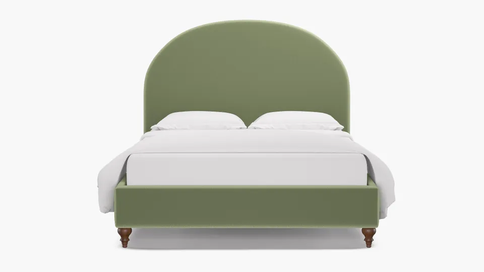 Demilune Bed, Celadon Performance Plush Velvet, Walnut Traditional Turned Leg, Twin