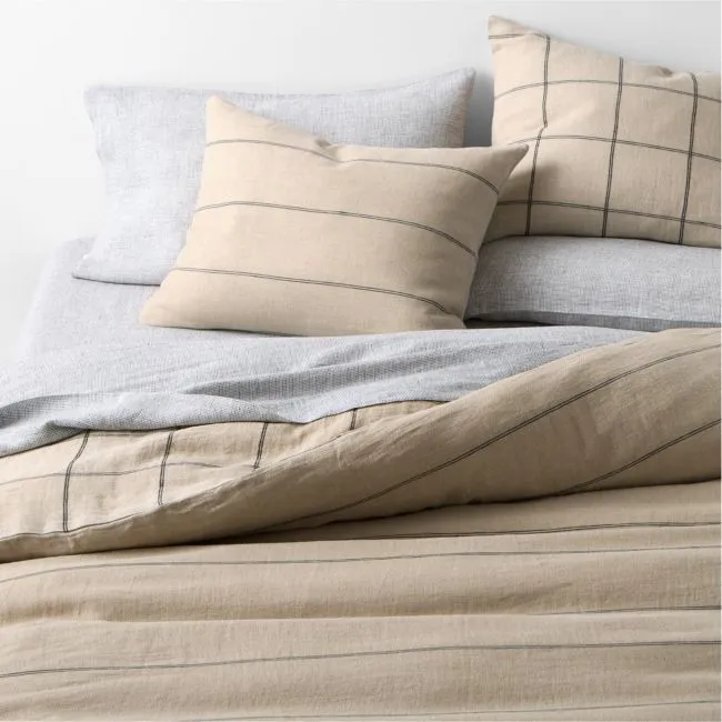 Aire Natural European Linen Pinstripe Arcadia Tan and Midnight Navy Blue Grid Reversible Full/Queen Duvet Cover