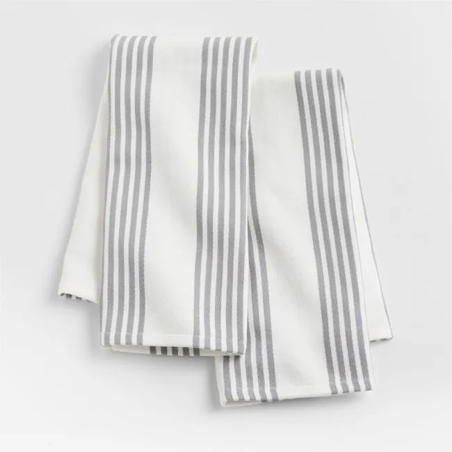 Cuisine White with Grey Stripe Organic Cotton Kitchen Towels, Set of 2