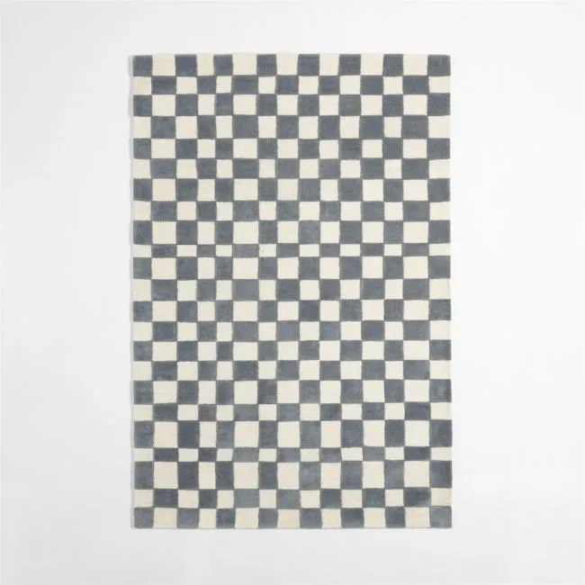 Imperfect Checkerboard Blue Wool Kids Area Rug 9'x12'
