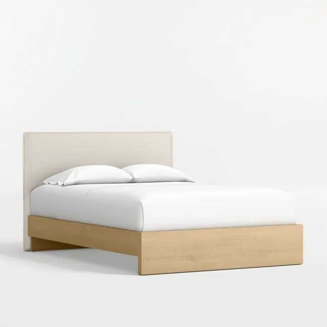 Noa Cream Upholstered Flange Kids Full Headboard with Natural Wood Base