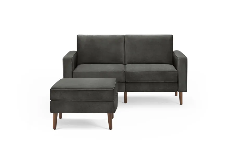 Nomad Velvet Loveseat with Ottoman - Graphite Grey - Performance Velvet / Walnut - Wood