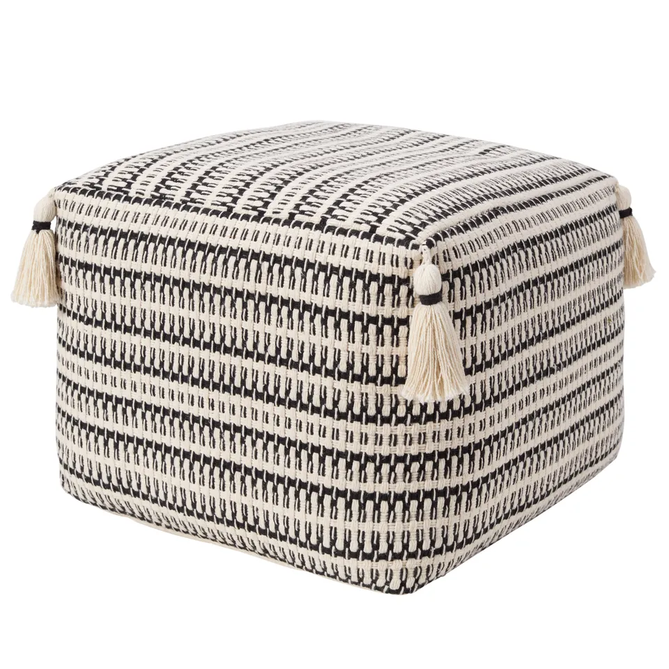 Amur SIR01 Handmade Striped White And Black Cube Pouf (18"x18"x14")
