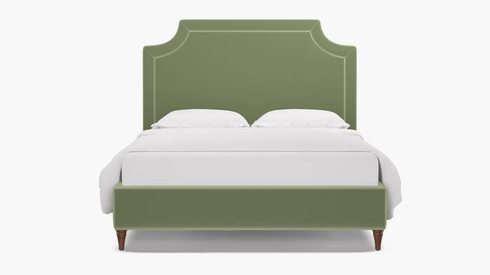 Deco Bed, Celadon Performance Plush Velvet, Walnut Decorative Tapered Leg, Queen