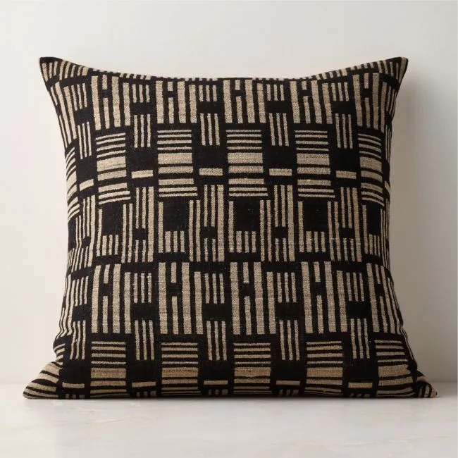 Melrose Black with Sand Woven Jacquard Wool and Silk Throw Pillow Cover 23"x23"