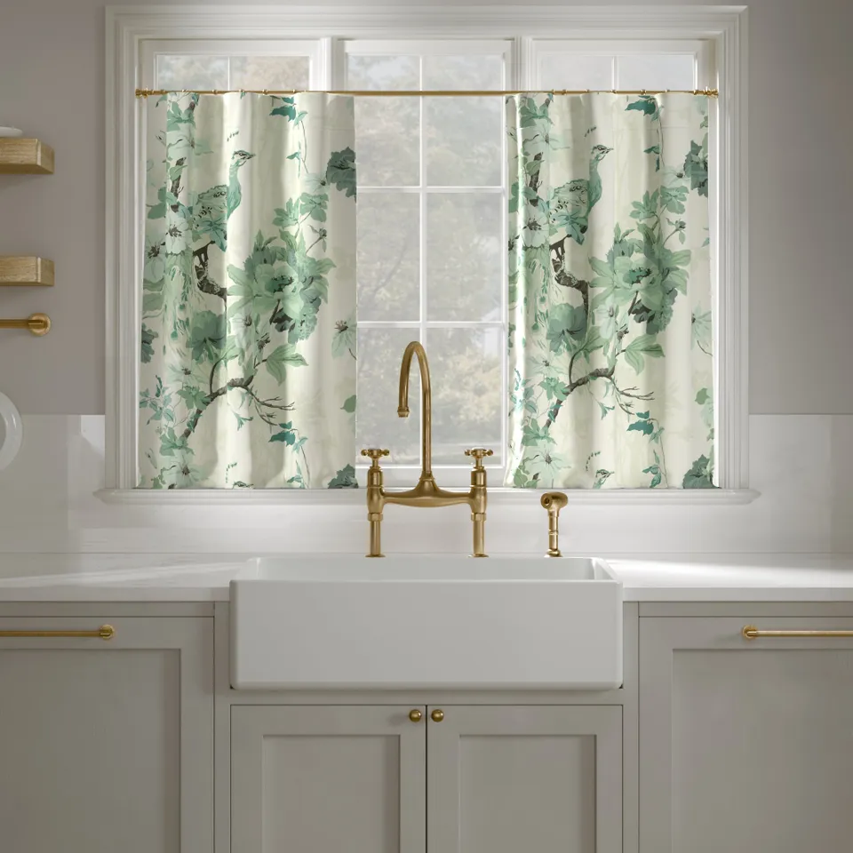 Printed Linen Café Curtain, Jade Peacock Park, 25" x 24", Privacy