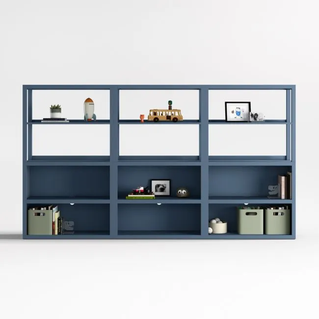 Ever Simple 108" Set of 3 Modular Slate Blue Wood Kids Open Bookcases with Hutches