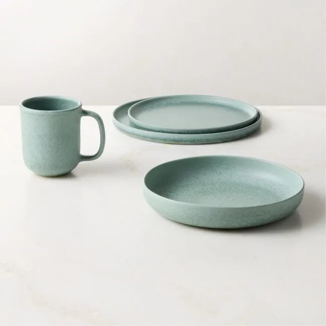 Drift 4-Piece Light Teal Dinnerware Set with Pasta Bowl with Reactive Glaze
