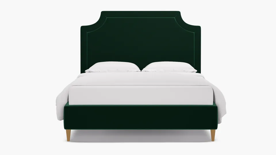 Deco Bed, Spruce Performance Plush Velvet, Natural Square Tapered Leg, King