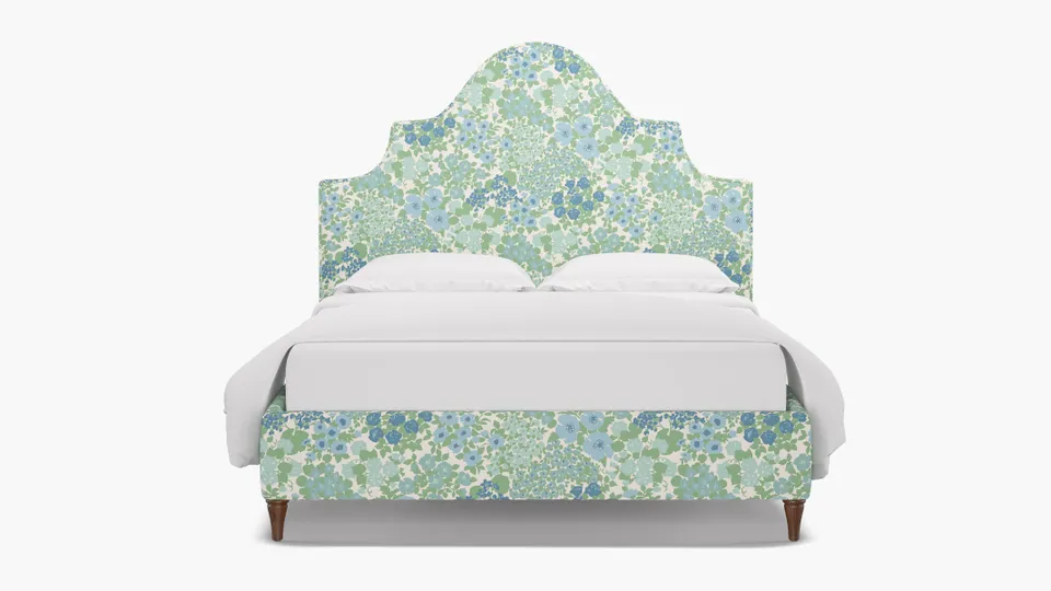Statement Bed, Mist Million Flowers, Walnut Decorative Tapered Leg, Queen