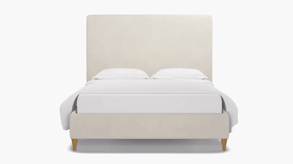 Classic Bed, White Performance Velvet, Walnut Decorative Tapered Leg, Queen