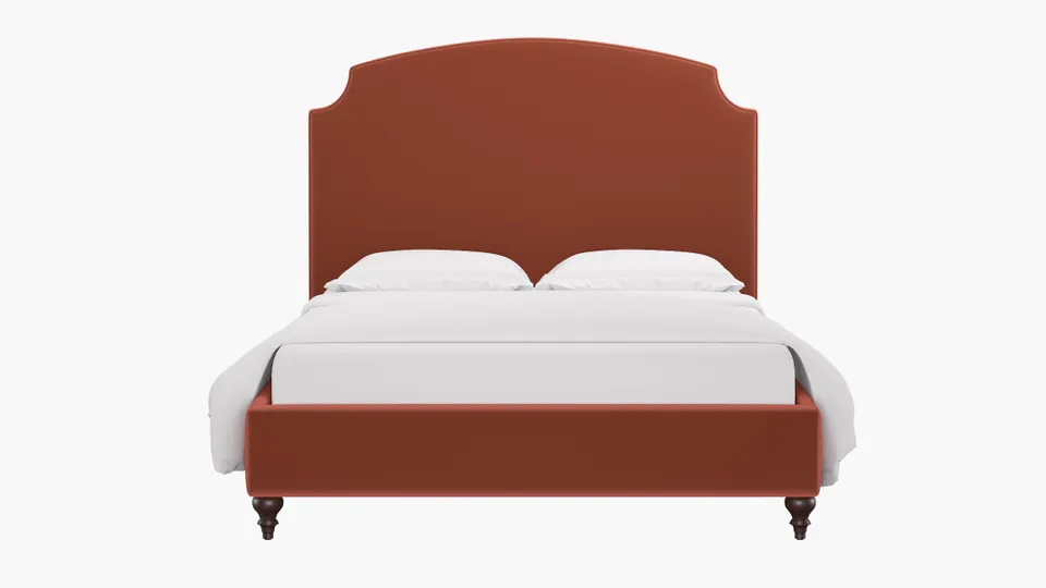 Cove Bed, Terracotta Performance Velvet, Espresso Decorative Tapered Leg, Queen