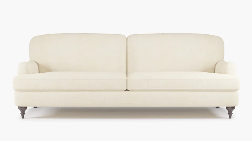 English Roll Arm Sofa, Talc Everyday Linen, Espresso Turned Wood Leg