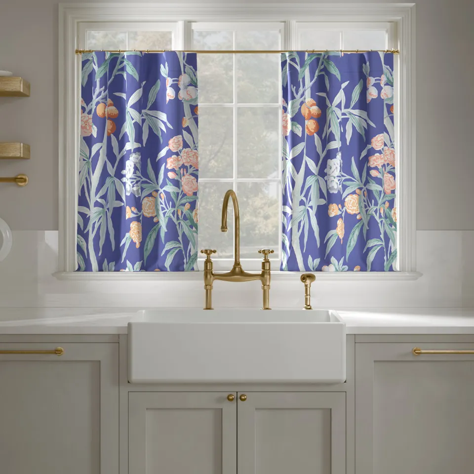 Printed Linen Café Curtain, Lapis Lanai, 25" x 24", Unlined