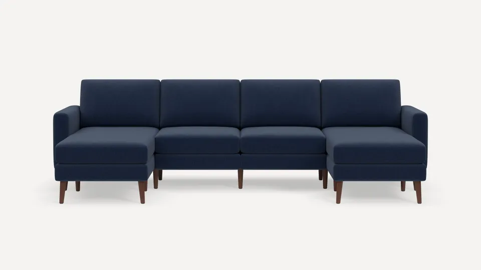 Nomad Double Chaise Sectional - Navy Blue - Performance Flatweave / Walnut - Wood / Block