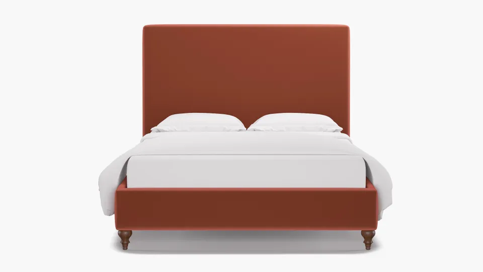 Classic Bed, Terracotta Performance Velvet, Walnut Traditional Turned Leg, King