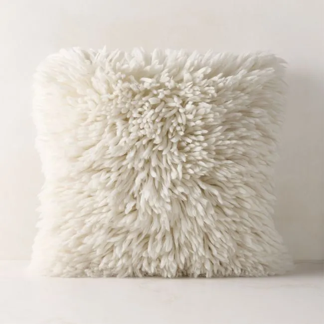 Fint Warm White Wool Shag Throw Pillow with Feather-Down Insert 20"x20" by Casa Dean by Swizz Beatz