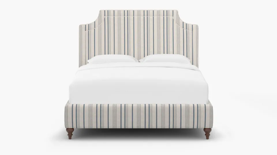 Deco Bed, Blue Market Stripe, Walnut Traditional Turned Leg, King