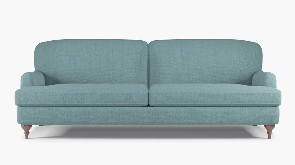 English Roll Arm Sofa, Seaglass Everyday Linen, Walnut Turned Wood Leg