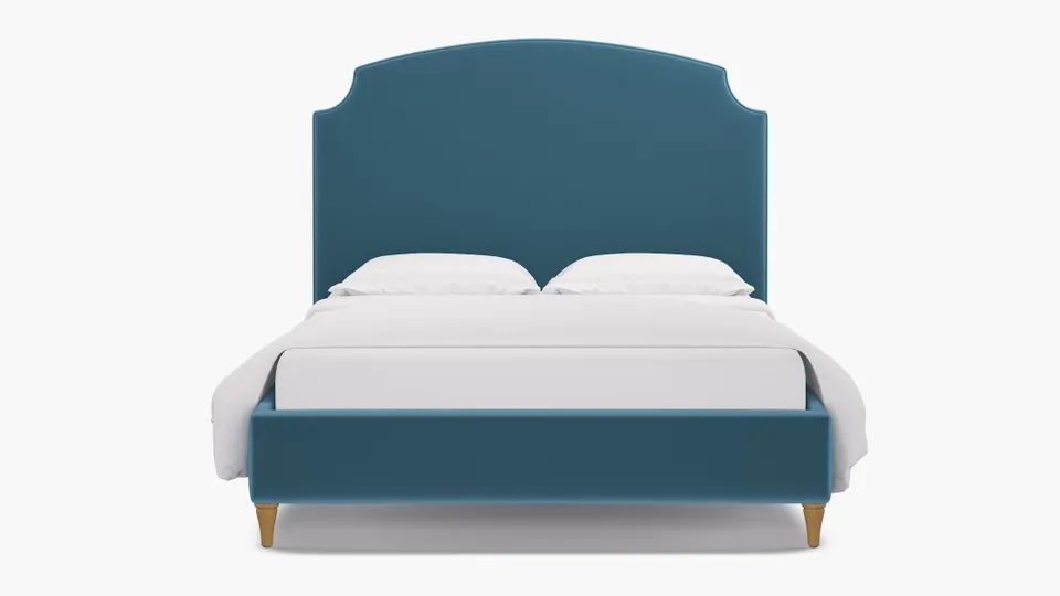 Cove Bed, French Performance Plush Velvet, Natural Decorative Tapered Leg, King