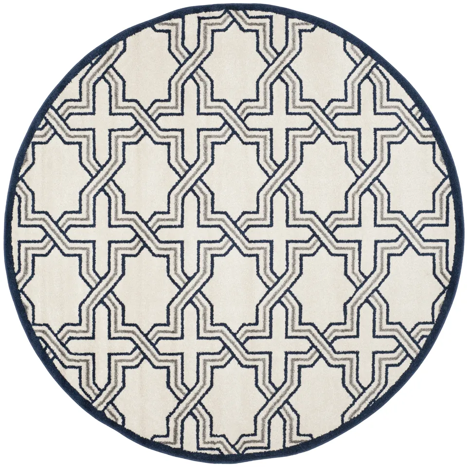 Arlo Home Indoor/Outdoor Woven Area Rug, AMT413M, Ivory/Navy,  7' X 7' Round