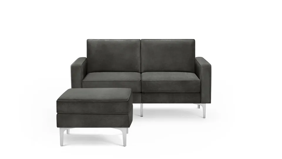 Nomad Velvet Loveseat with Ottoman - Graphite Grey - Performance Velvet / Chrome - Metal
