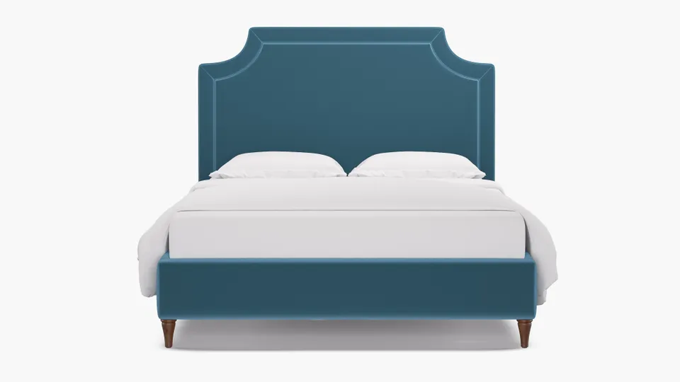 Deco Bed, French Performance Plush Velvet, Walnut Decorative Tapered Leg, Twin