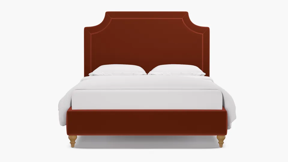 Deco Bed, Rust Performance Velvet, Natural Traditional Turned Leg, Queen