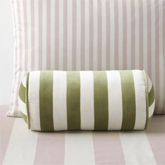 Rosy Lilac and Cyprus Green Harriet Stripe Velvet Kids Bolster Pillow