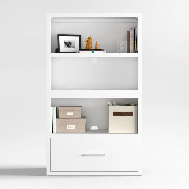 Ever Simple 36" Modular White Wood Kids Open Bookcase with Drawer