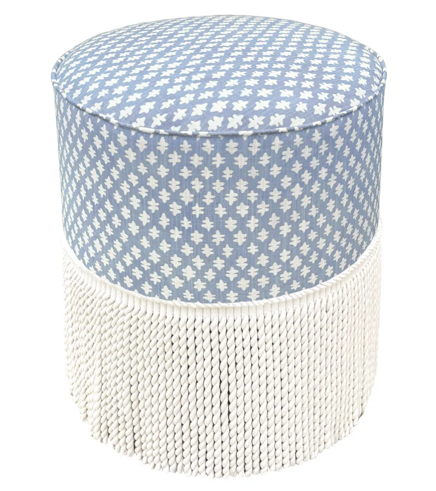 THE TIGHT ROUND OTTOMAN :: TILLY PRINT // POWDER BLUE - 17" Diameter X 19" Height With Bullion