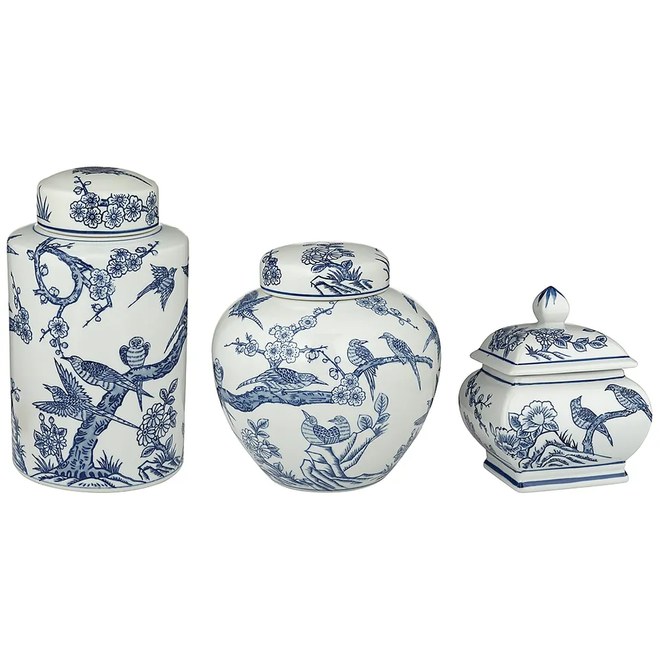 Heather Blue and White 3-Piece Ceramic Decorative Jar Set