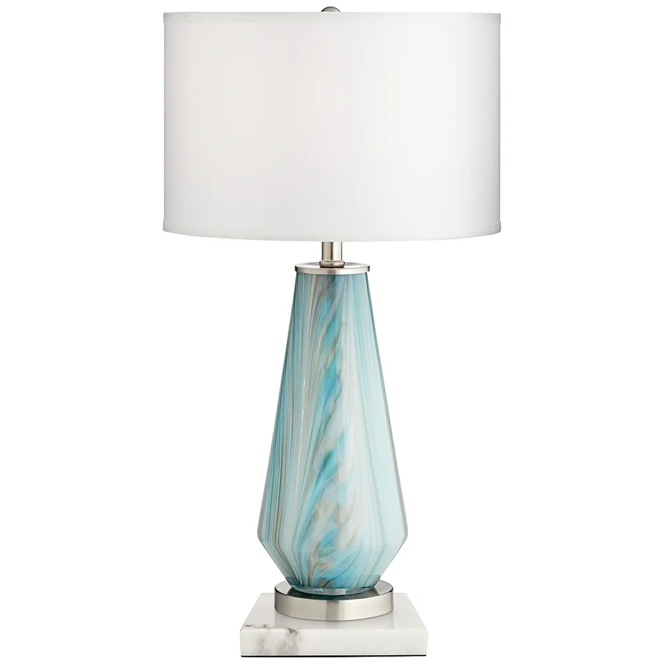 Possini Euro Jaime Blue and Gray Table Lamp with Square White Marble Riser