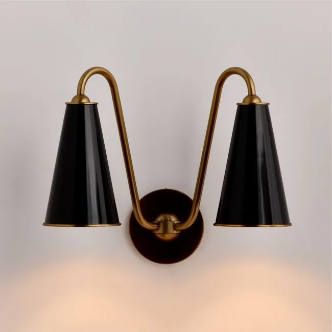 Everton Brass Double Wall Sconce Light with Black Metal Shades