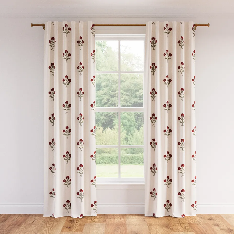 Printed Linen Curtain, Red Delphine, 50" x 96", Blackout