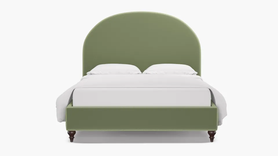 Demilune Bed, Celadon Performance Plush Velvet, Espresso Traditional Turned Leg, Queen
